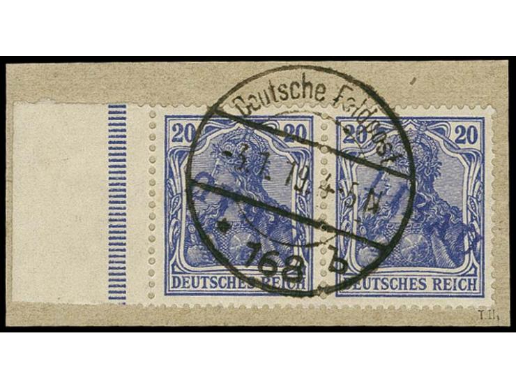 20 pfg. as horizontal pair with left sheet margin, the left stamp with inverted overprint, tied by cds. to piece, fine, signe