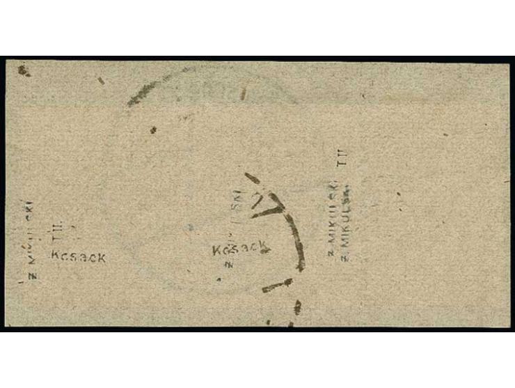 20 pfg. as horizontal pair with left sheet margin, the left stamp with inverted overprint, tied by cds. to piece, fine, signe