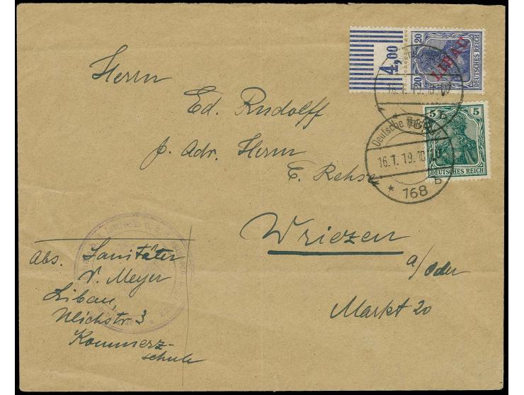 20 pfg. with upper sheet margin and Deutsches Reich Germania 5 pfg. without overprint tied by cds. "DEUTSCHE FELDPOST 16.1.19