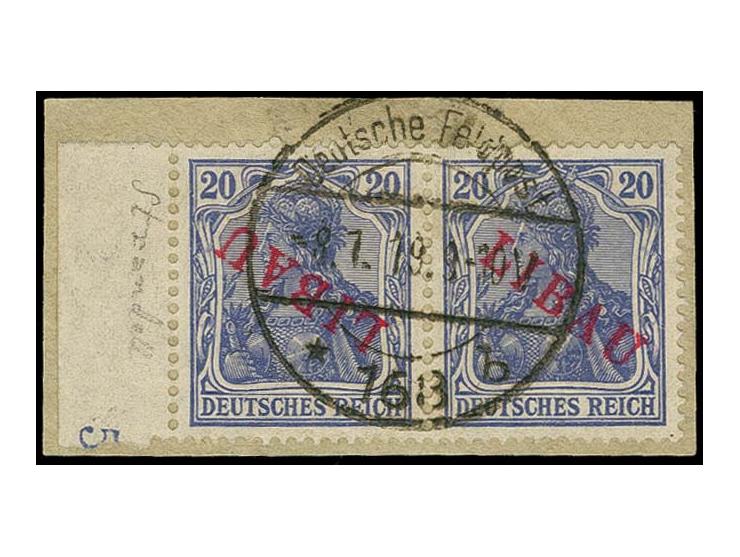 20 pfg. as horizontal pair with left sheet margin, the left stamp with inverted overprint, tied by cds. to piece, fine 