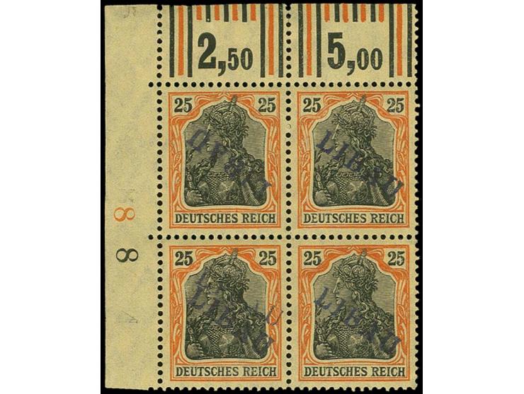 25 pfg. as block of four from the upper left sheet corner, the upper left stamp with inverted, the lower left stamp with clea