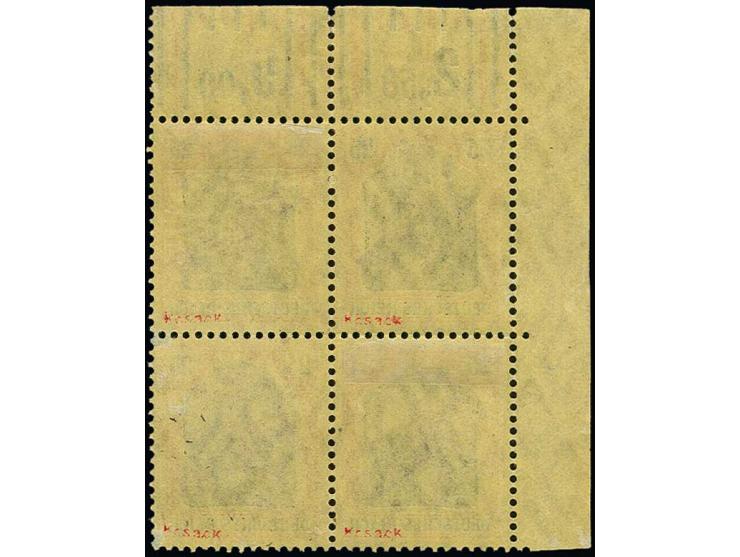 25 pfg. as block of four from the upper left sheet corner, the upper left stamp with inverted, the lower left stamp with clea