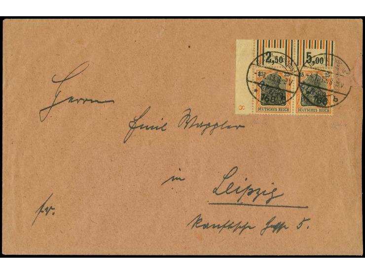 25 pfg. as horizontal pair from the left upper sheet corner, the left stamp with inverted overprint, tied by cds. "Deutsche F
