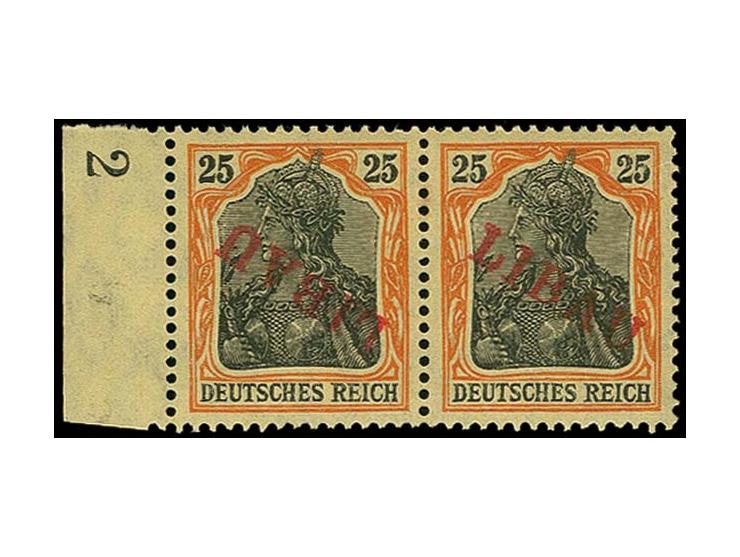 25 pfg. as horizontal pair with left sheet margin, the left stamp with inverted overprint, unused, tiny stained spot in the c