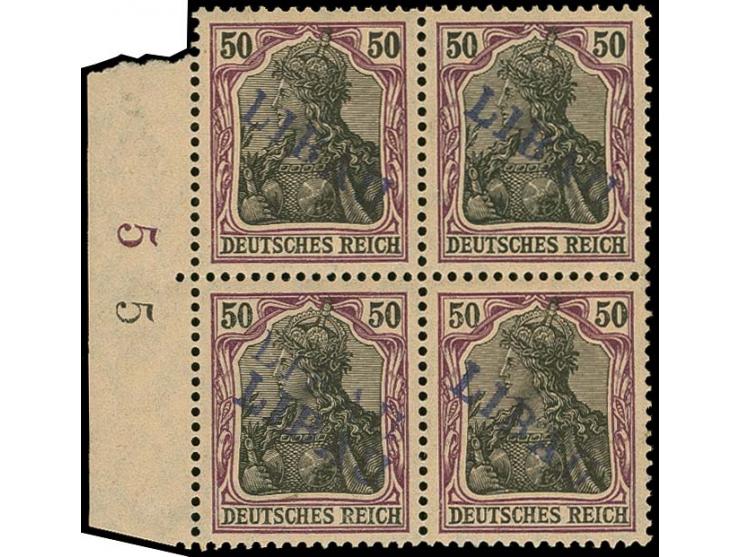 50 pfg. as block of four with left sheet margin, the lower left stamp with clear double overprint, unused, fine, a very rare 