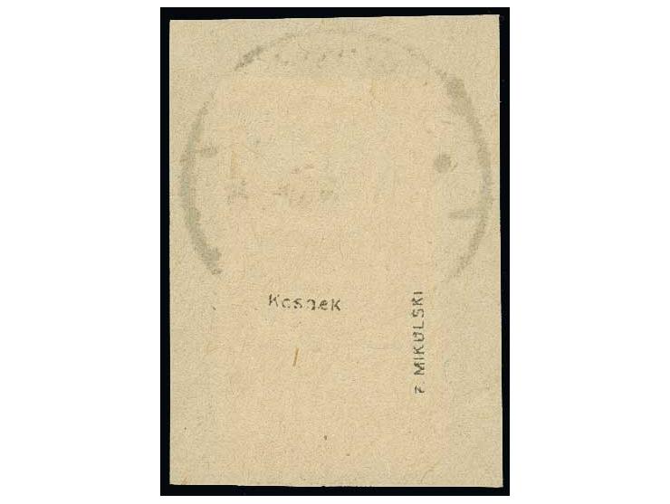50 pfg. with lower sheet margin and inverted overprint, tied by clear cds. to piece, fine, signed Mikulski