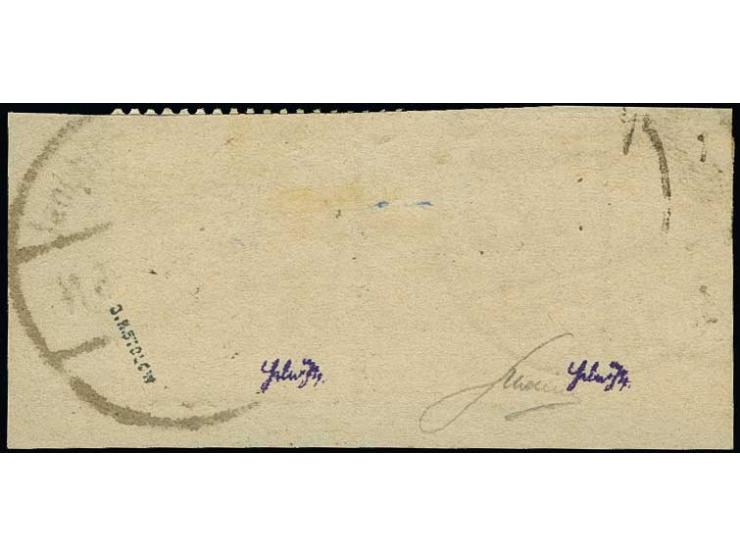 2½ pfg. as horizontal pair with left sheet margin, the left stamp with inverted overprint, tied by cds. to piece, fine, certi