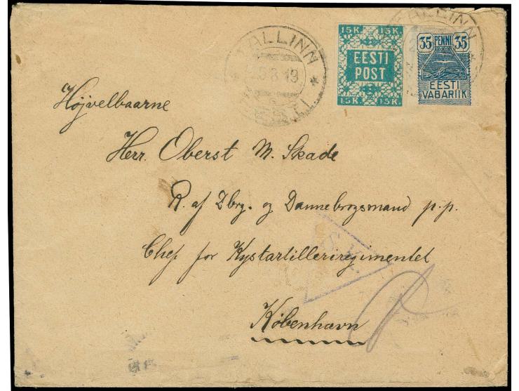 1918, Flower design 15 k. and 1919 Symbols 35 k. tied by cds. "TALLINN 25 8 19" to cover from the Danish consulate-general to