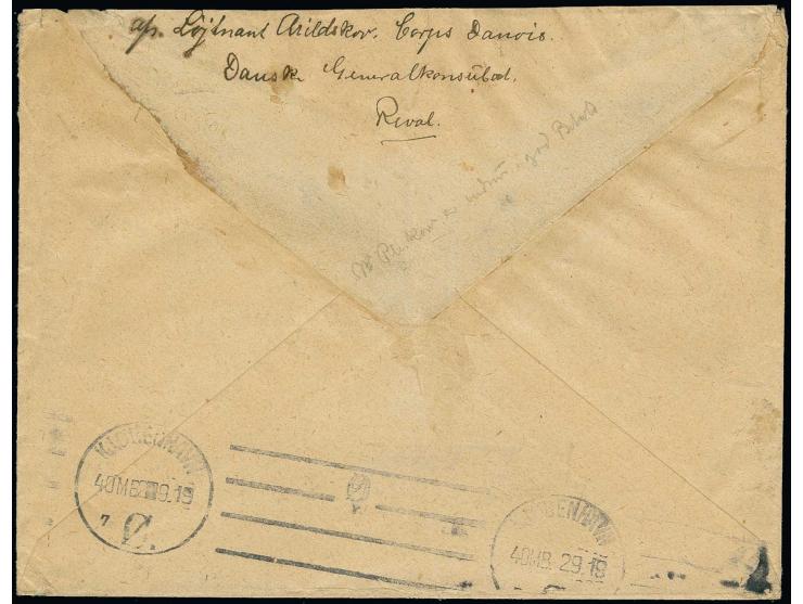1918, Flower design 15 k. and 1919 Symbols 35 k. tied by cds. "TALLINN 25 8 19" to cover from the Danish consulate-general to