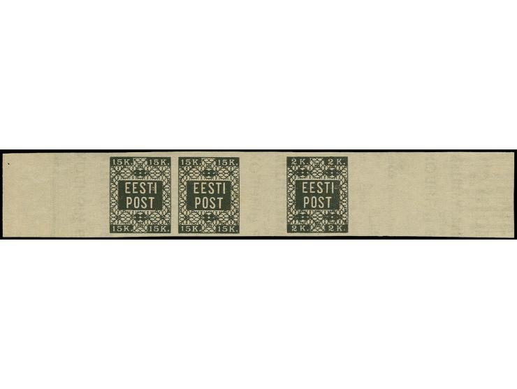 Unissued 2 k. black and to the left separated by gutter 15 k. black as horizontal pair, printed on reverse of greenish blue c