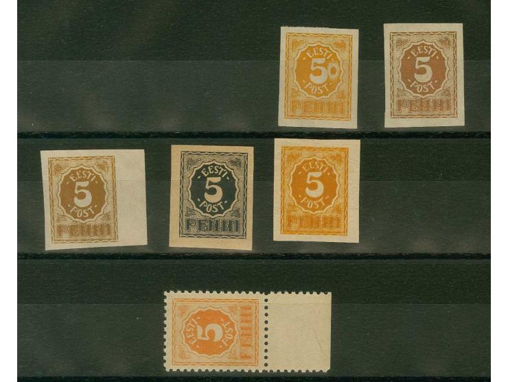 1919, Numerals 5 p., 5 different imperforated and one perforated proof, without gum, two stamps with creases, otherwise fine,