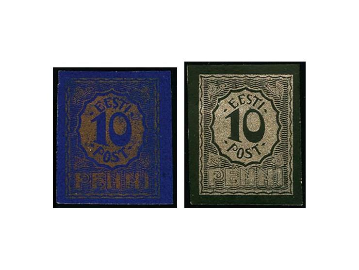 10 p. silver on black carton and copper on lilac-blue paper, without gum, fine, the latter signed Nemvalz