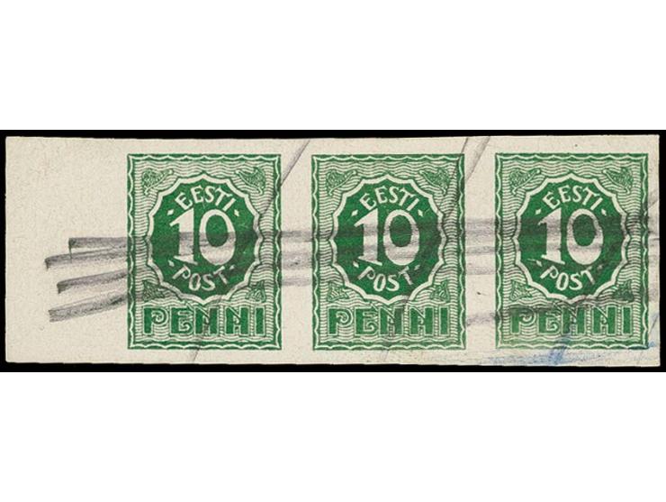 10 p. green, horizontal strip of three on carton paper, without gum, with pencil strokes, fine, signed Eichenthal