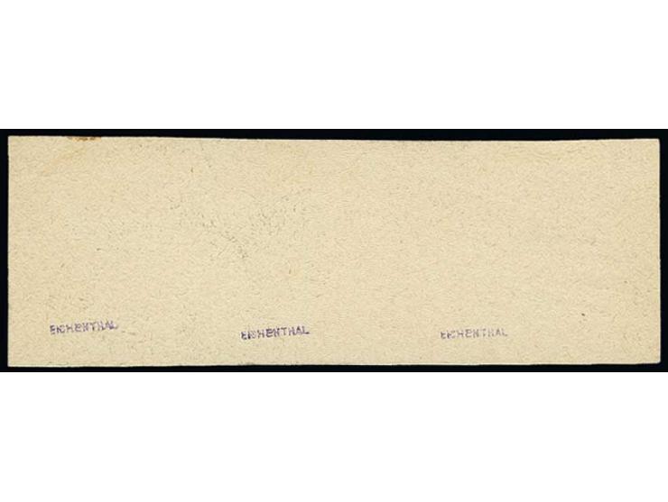10 p. green, horizontal strip of three on carton paper, without gum, with pencil strokes, fine, signed Eichenthal