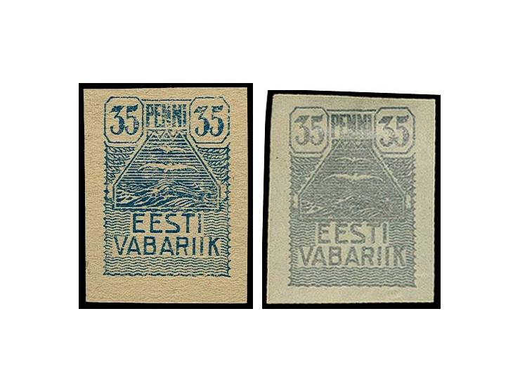 1920, Seagull 35 p. blue on normal paper and silver and glazed paper, without gum, the latter small thin, otherwise fine