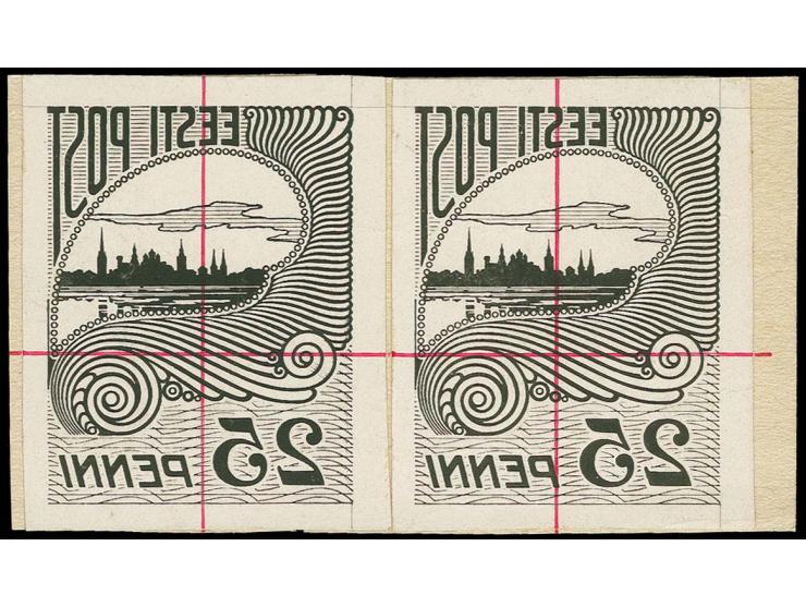 1920, Tallinn Skyline 25 p. as negative black enlarged copy of first assembly, two copies with red pen cross mounted on card,