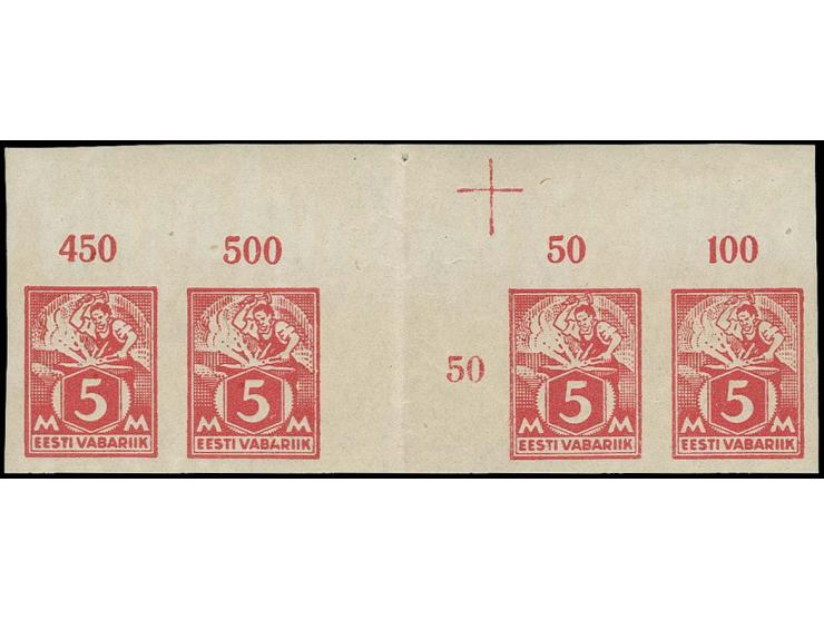 5 m. as gutter pair with upper sheet margin and with one adjoining stamp on each side, mint never hinged, scarce, certificate