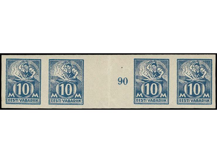 10 m. as gutter pair with one adjoining stamp on each side, mint never hinged, scarce, certificate Löbbering BPP