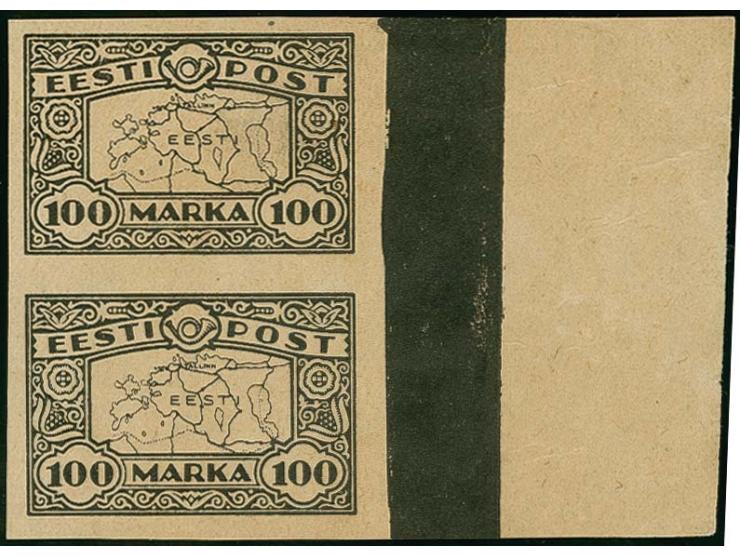 1923, Map of Estonia 100 m. black on grey paper, vertical pair with right sheet margin, without gum, fine, signed Nemvalz