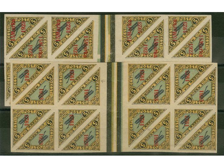 1923, Airmail 5 and 15 m., each as block of 16 with two gutter pairs, 15 m. one stamp with plate flaw "missing green colour b