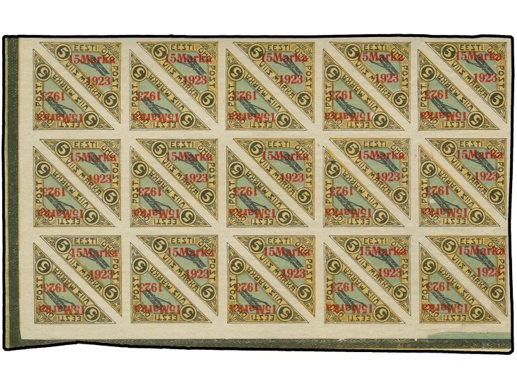 15 m. as block of 30 from the lower left sheet corner, the upper stamps overprint in carmine, the lower ones in brick-red, lo