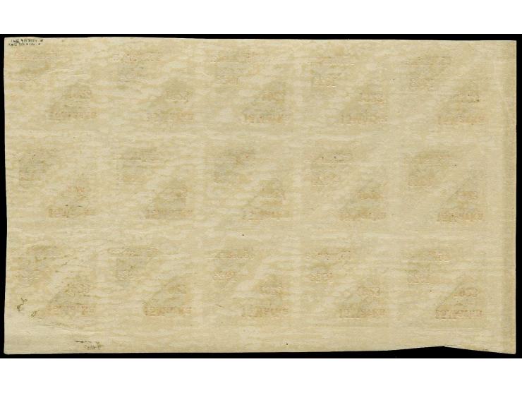 15 m. as block of 30 from the lower left sheet corner, the upper stamps overprint in carmine, the lower ones in brick-red, lo