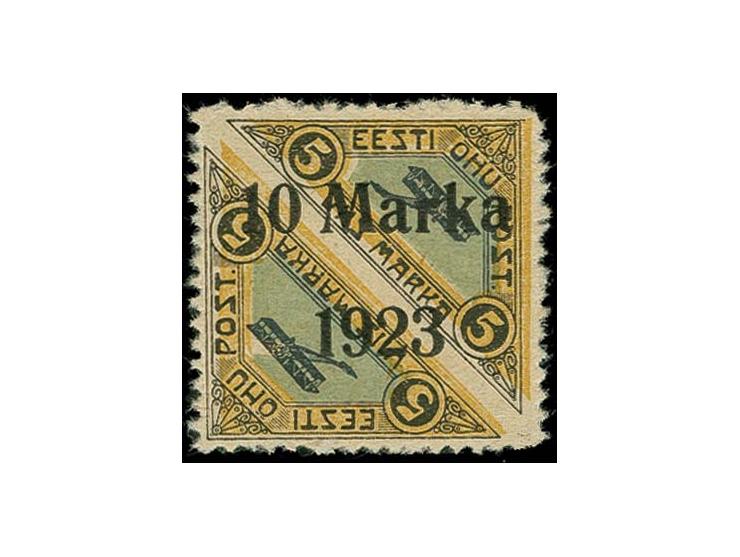 1923, Airmail 10 m. with Päevaleht perforation and plate flaw "missing green colour below Post" (Hurt/Ojaste E:5), a very rar