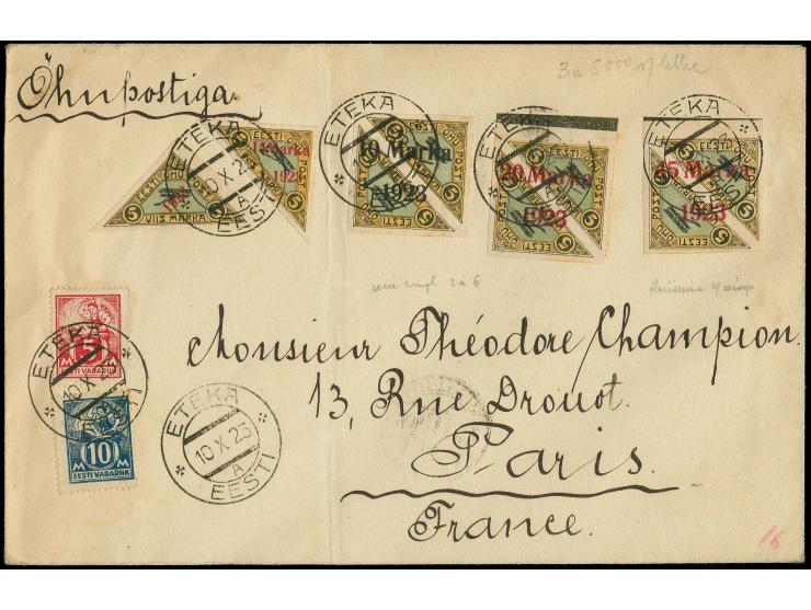 1923, Airmail 10-45 m. imperforated with additional franking tied by cds. "ETEKA 10 X 23" to airmail cover to Paris, folded o
