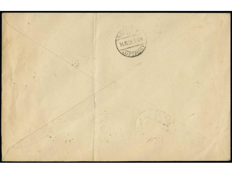 1923, Airmail 10-45 m. imperforated with additional franking tied by cds. "ETEKA 10 X 23" to airmail cover to Paris, folded o