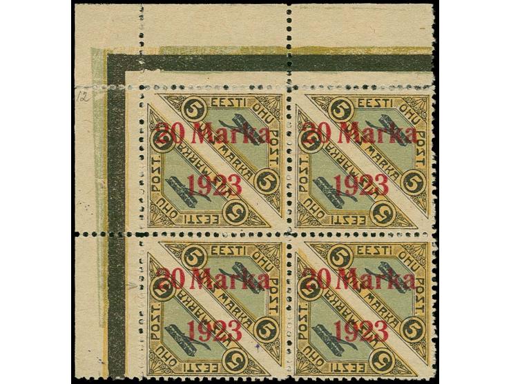 1923, Airmail 20 m. block of four from the upper left sheet corner with Päevaleht perforation, mint never hinged, very fine, 