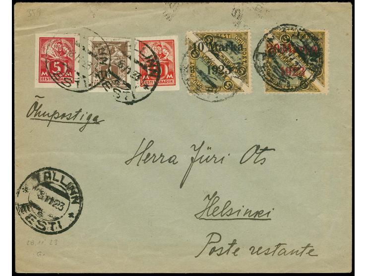 1923, Airmail 20 m. with Päevaleht and 10 m. with Teetsov perforation with additional franking tied by cds. "TALLINN 3 11 23"