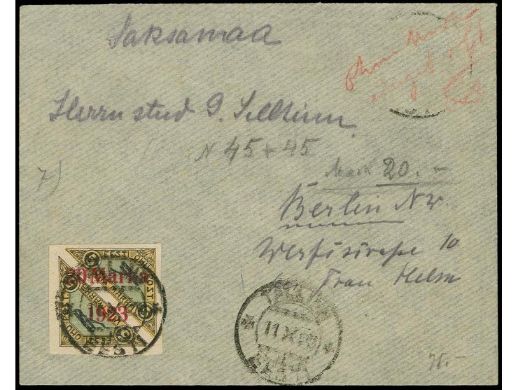 20 m. tied by cds. "TALLINN 11 X 23" to airmail cover to Berlin, one stamp fallen off therefore red manuscript at upper right