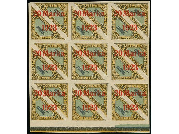 20 m. with brick-red overprint, as block of nine from the lower sheet margin, mint never hinged, fine, scarce multiple, signe