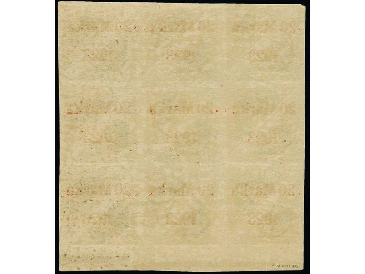 20 m. with brick-red overprint, as block of nine from the lower sheet margin, mint never hinged, fine, scarce multiple, signe