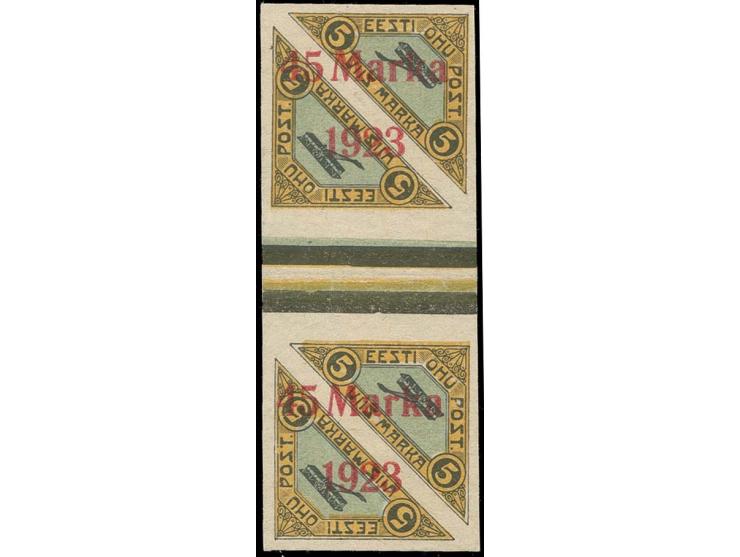 1923, Airmail 45 m. as vertical tête-bêche, the lower stamp with plate flaw "broke frame above T of Post", unused, less than 