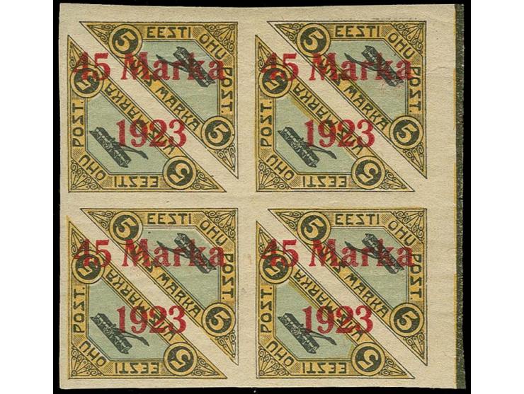 45 m., overprint with wide distance between "5 and Marka", as block of four, the upper pair unused, the lower mint never hing