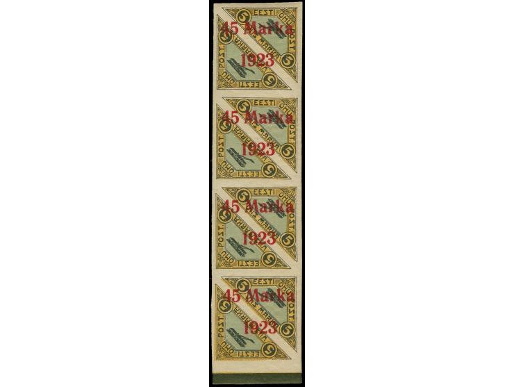 45 m., overprint with wide distance between "5 and Marka", as vertical strip of four, mint never hinged, fine, scarce multipl