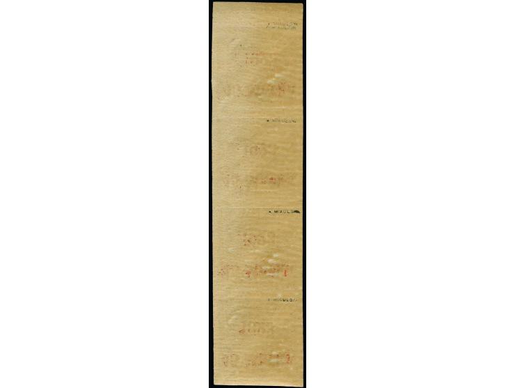 45 m., overprint with wide distance between "5 and Marka", as vertical strip of four, mint never hinged, fine, scarce multipl