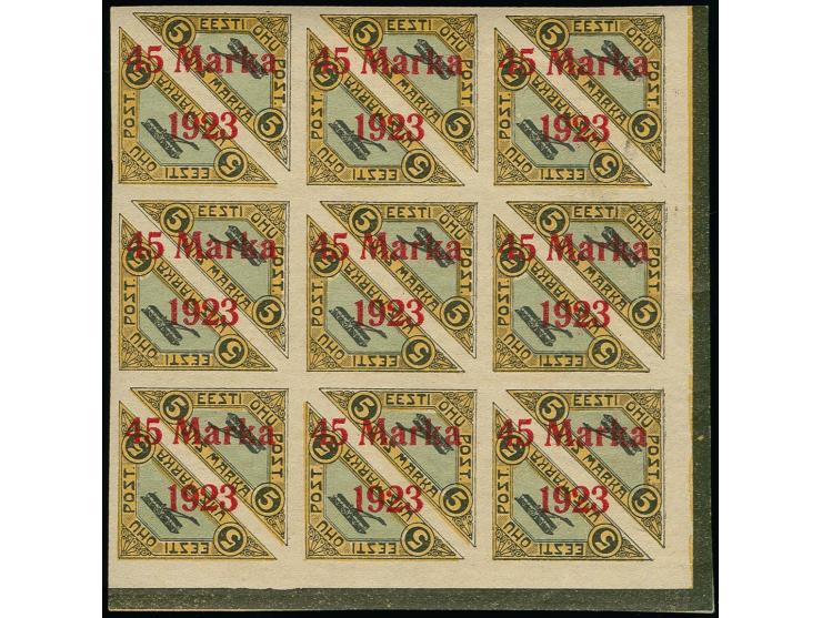 45 m., overprint with wide distance between "5 and Marka", as block of nine from the lower right sheet corner, middle stamp o