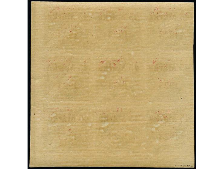 45 m., overprint with wide distance between "5 and Marka", as block of nine from the lower right sheet corner, middle stamp o
