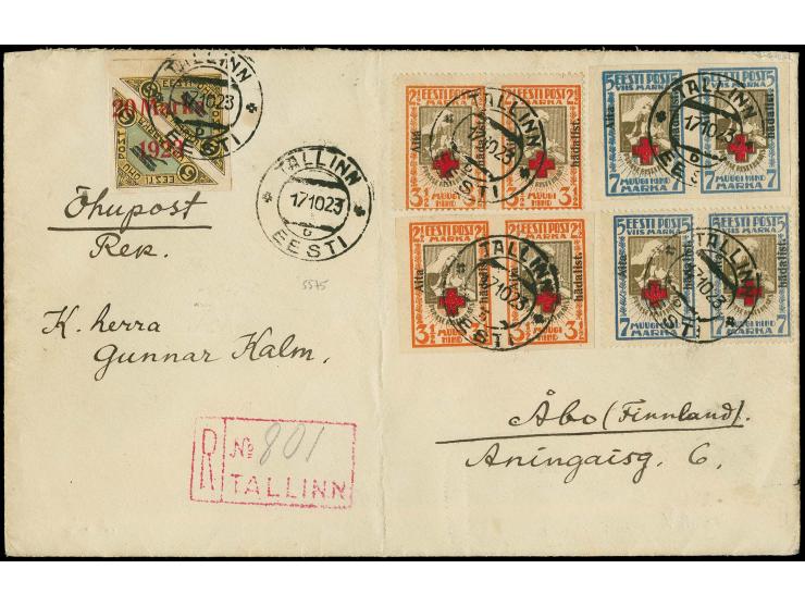 2½-5 m., perforated and imperforated, each as horizontal pair with additional franking tied by cds. "TALLINN 17 10 23" to reg