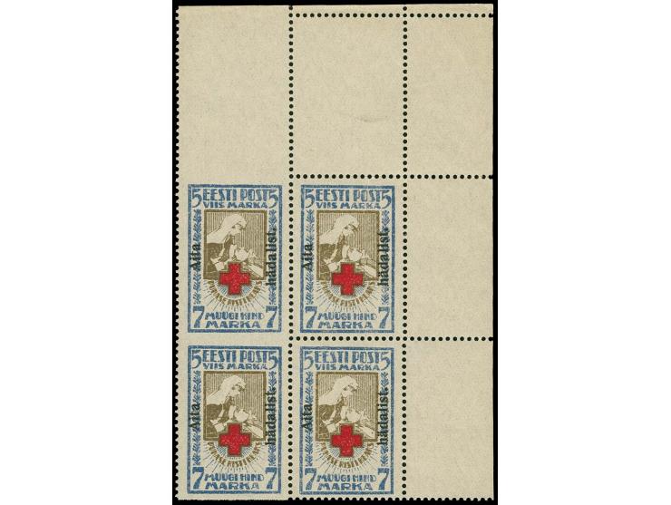 5 m. as block of four from the upper right sheet corner, the left pair imperforated vertically, mint never hinged, a very sca