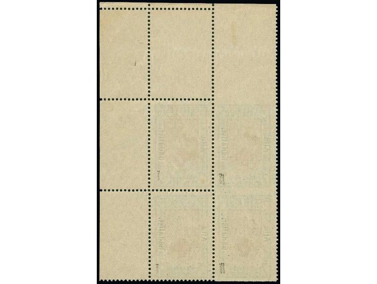 5 m. as block of four from the upper right sheet corner, the left pair imperforated vertically, mint never hinged, a very sca