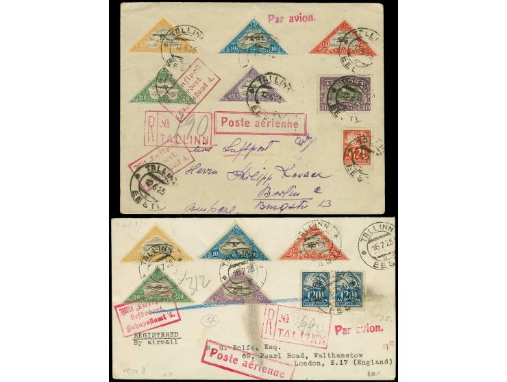 1924, Airmail 5-45 m. perforated and imperforated each with additional franking tied by cds. "TALLINN" to registered airmail 
