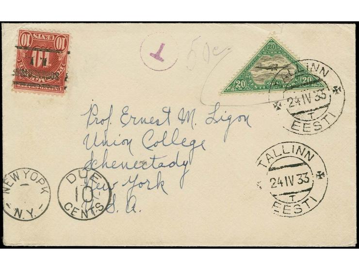 1924, Airmail 20 m. tied by cds. "TALLINN 24 IV 33" to cover to New York, as airmail stamps where only valid for airmail fee 