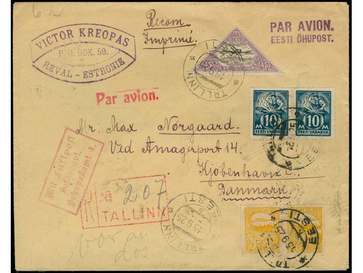 Airmail 1924, 45 m. with additional franking tied by cds. "TALLINN 15 9 25" to correctly franked registered airmail printed m