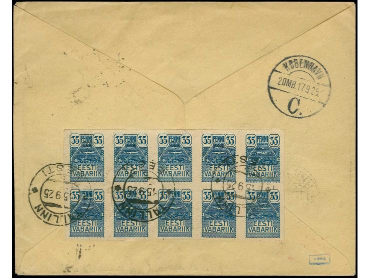 Airmail 1924, 45 m. with additional franking tied by cds. "TALLINN 15 9 25" to correctly franked registered airmail printed m