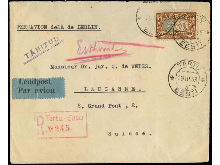 1924, Map 300 m. tied by cds. "TARTU 29 III 33" to registered airmail cover to Lausanne, fine