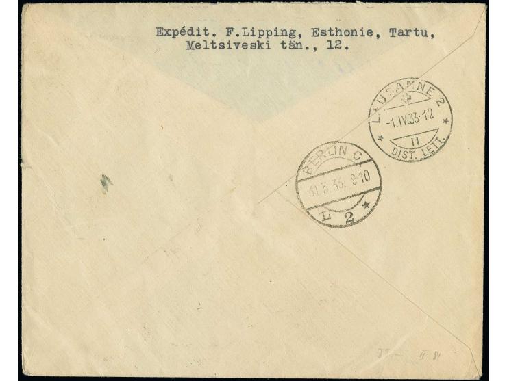 1924, Map 300 m. tied by cds. "TARTU 29 III 33" to registered airmail cover to Lausanne, fine