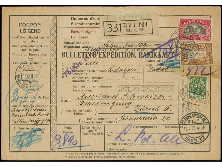 1924, Map 300 m. with additional franking tied by cds. "TALLINN 15.XII.25" to parcel card to Zürich, few folds and minor tear